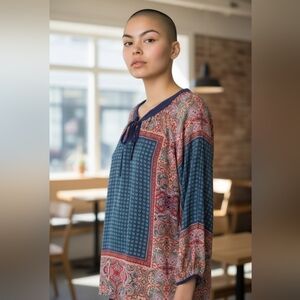 Anthropologie Blue and Pink Tunic Top 100 silk